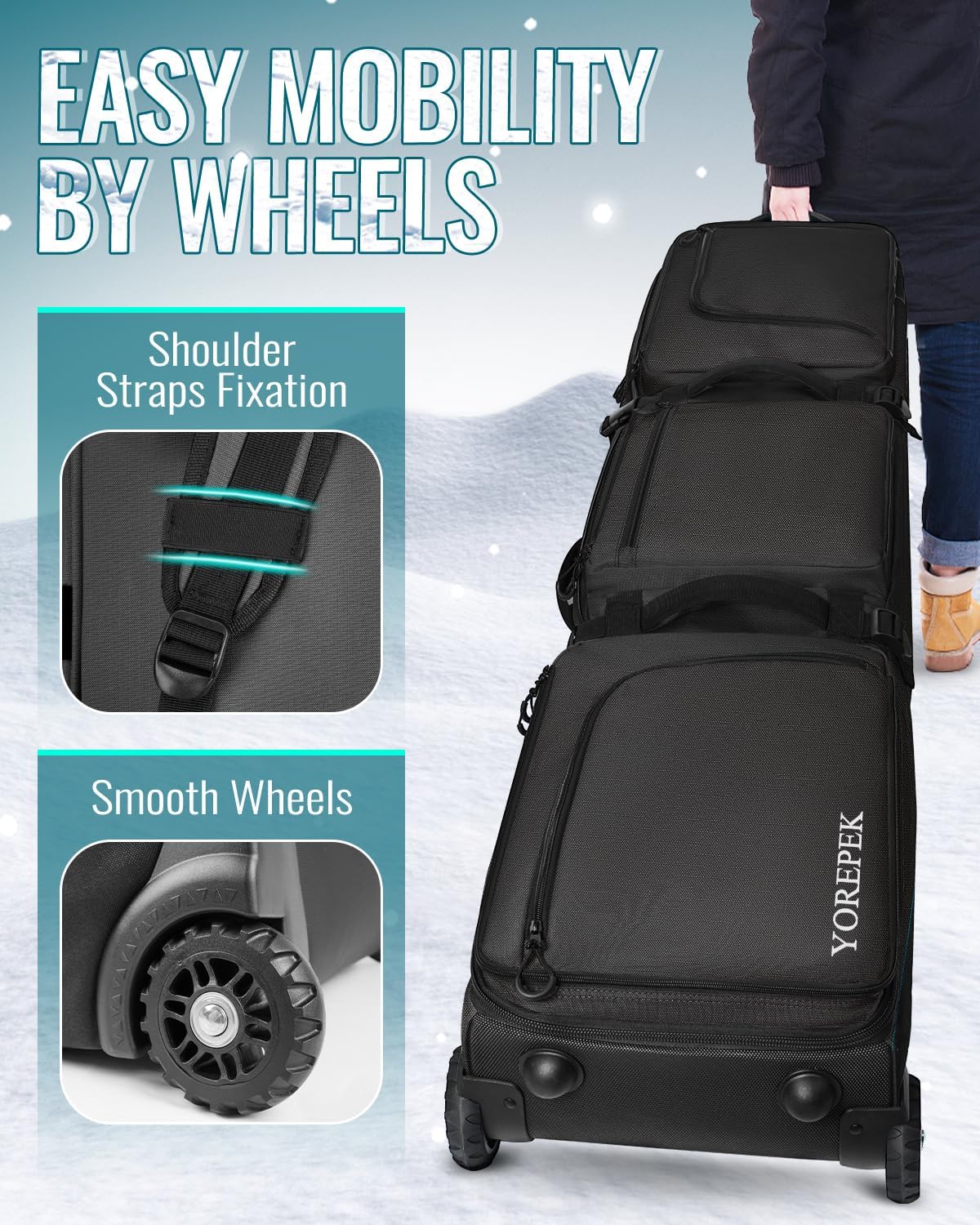 YOREPEK Padded Snowboard Bag with Wheels, Extendable Ski Bags for Air Travel Length up to 175cm,Snowboard Backpack with 6 Pockets for Ski Boots(up to US Size 13), Helmet, Accessories