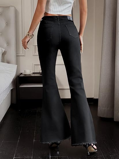 ZRP High-Waisted Flared Jeans for Women, Black Stretch Denim, Simple & Elegant Fit Size: 24