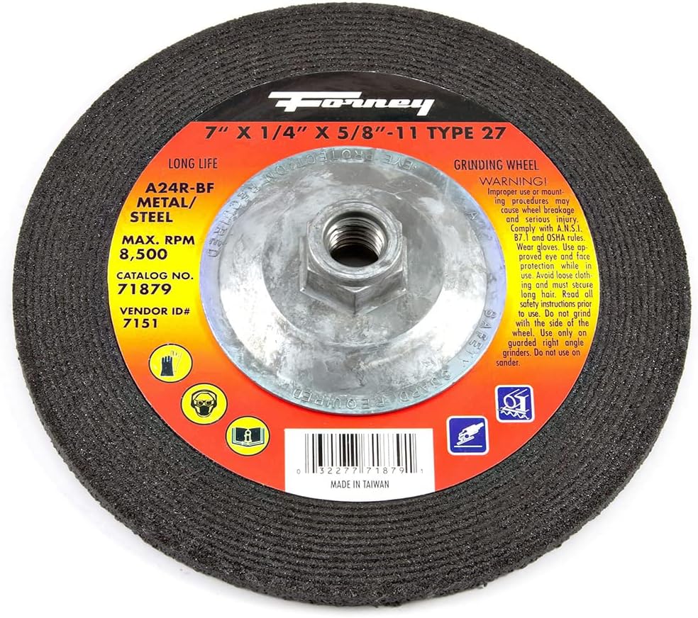 Forney 71879 Grinding Wheel with 5/8-Inch-11 Threaded Arbor, Metal Type 27, A24R, 7-Inch-by-1/4-Inch