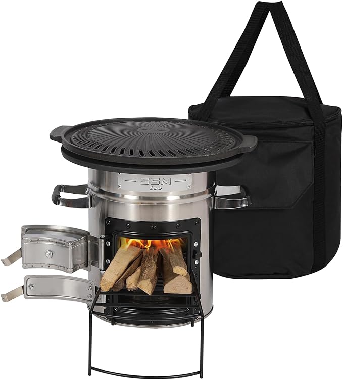 Lineslife Camping Rocket Stove with Grill Pan for Cooking, Portable Stainless Steel Wood Stove with Carry Bag for Backpacking Hiking Survival, Silver Two Doors 12.6''