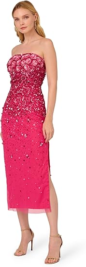 Adrianna Papell Women's Beaded Strapless Gown, Hot Pink Size 12