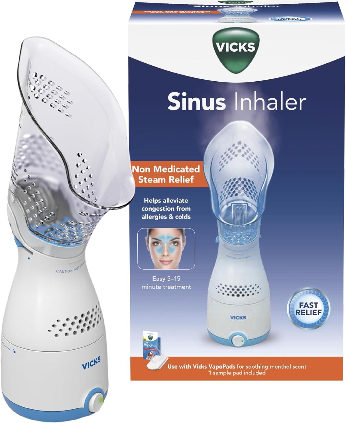 Vicks Sinus Inhaler - Non-Medicated Steam Relief for Allergies, Congestion, Cough & Colds, Vocal Steamer, Soothes Nasal & Throat Passages, Works with VapoPads (1 Included), FSA & HSA Eligible