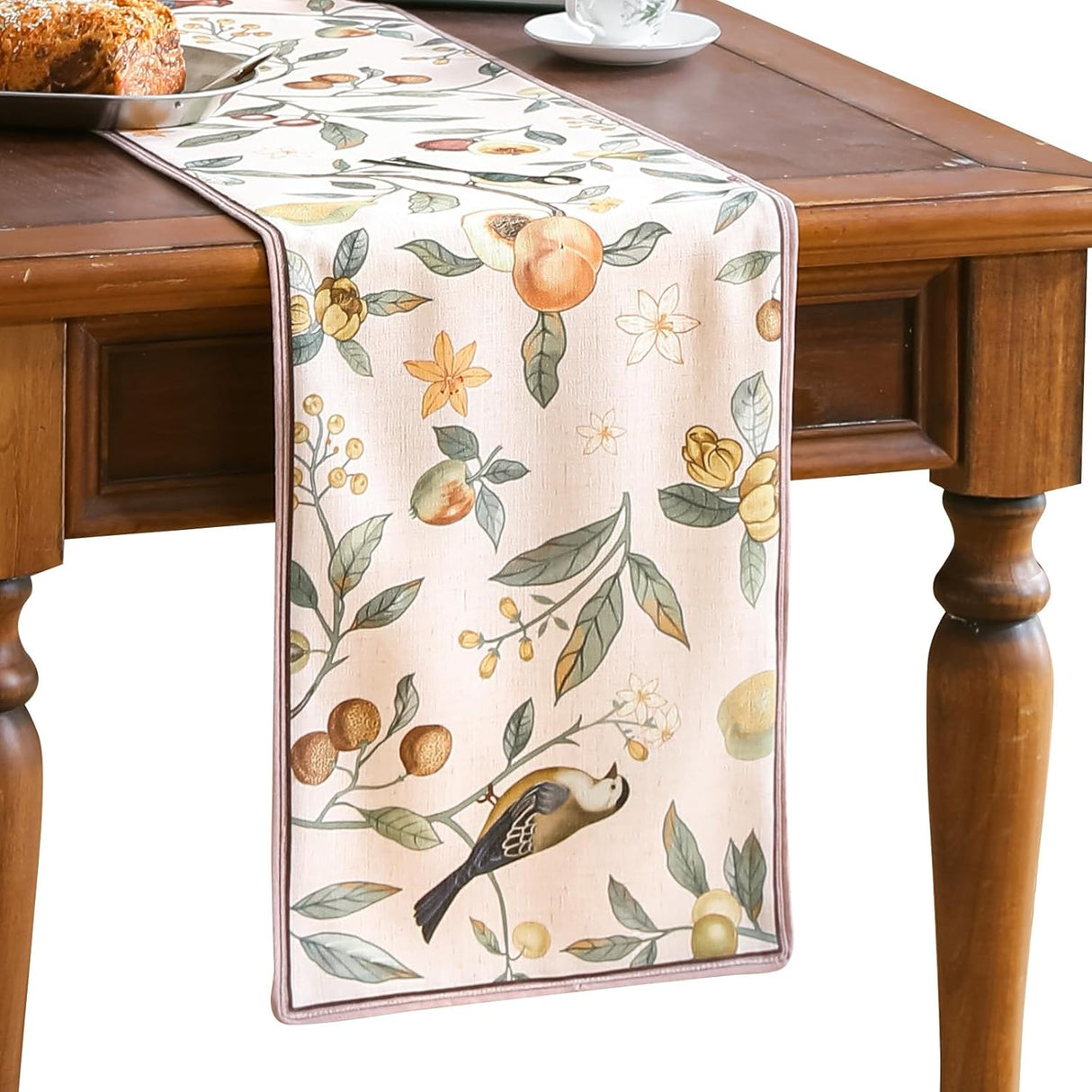 Red Velvet Fabric Cloth Runner for Table, Farmhouse Birds Pattern 118 Inches Extra Long Table Runners, Decoration Tabletop for Dining Room, Banquet, Thanksgiving, New Year,Holiday