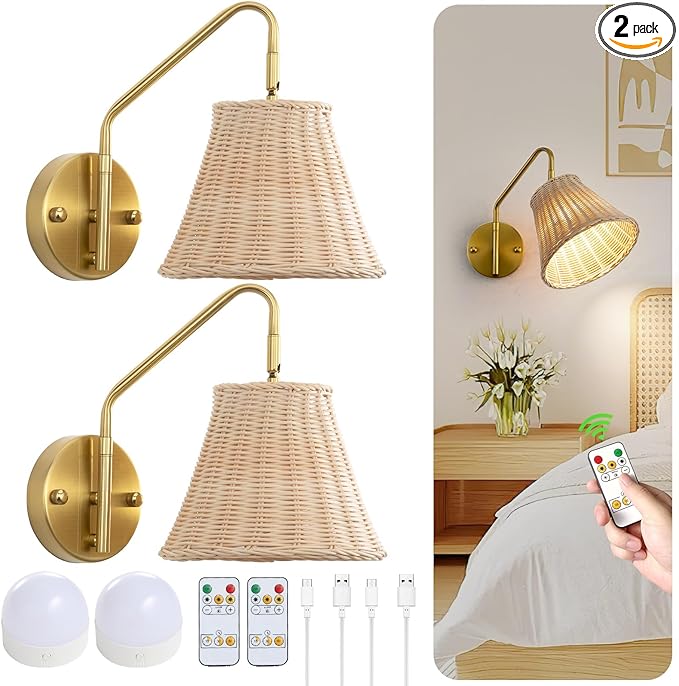 Boho Battery Operated Wall Sconce, 100% Natural Rattan Wall Sconces Set of Two Battery Operated, Adjustable Battery Wall Sconce, Remote Rechargeable Sconce, Wirless Battery Sconces for Bedroom