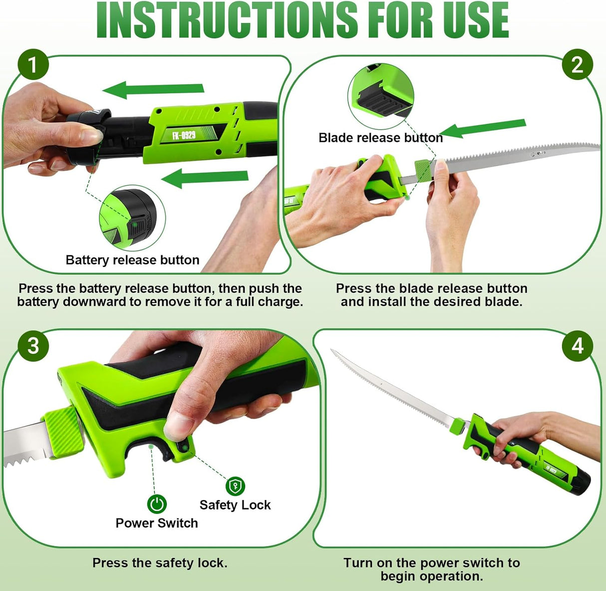 MCY 12V Cordless Electric Fillet Knife , 8''& 10''Razor-Sharp Blades, 2 Rechargeable Battery - Green
