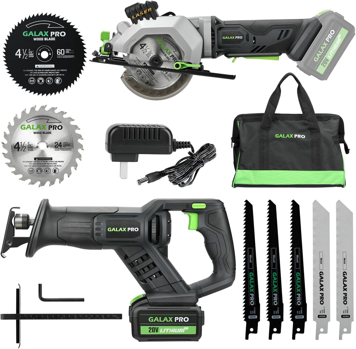 GALAX PRO Cordless Circular and Reciprocating Saw Combo Kit | with 1pcs 4.0Ah Lithium Battery and One Charger, 7 Saw Blades and Tool Bag