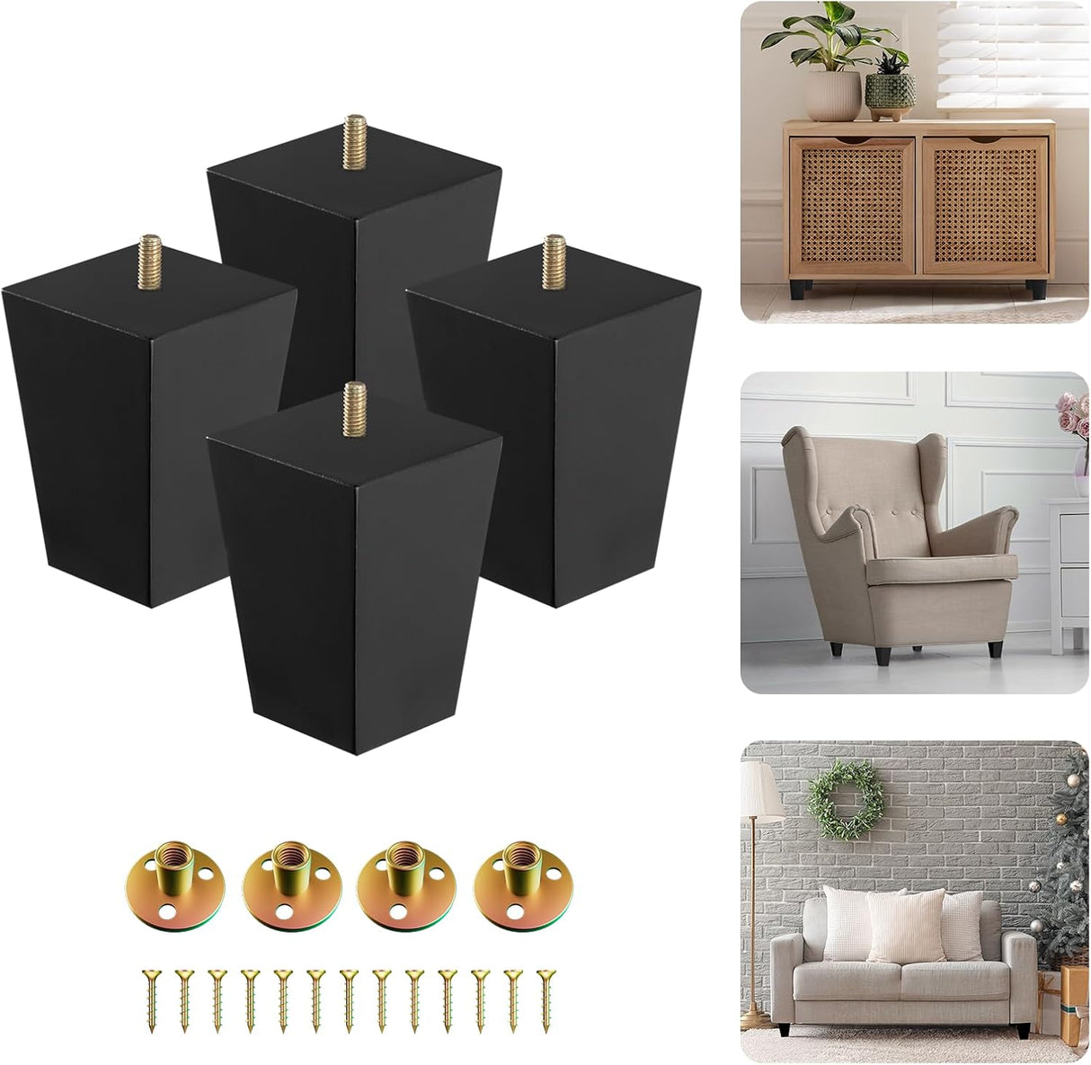 Yes4All 4 Inches Square Black Solid Wood Furniture Legs Set of 4, Heavy Duty 800 Lbs Capacity Furniture Legs with Leveler, Replacement Legs for Furniture, Couch, Sofa, Dresser, Ottoman