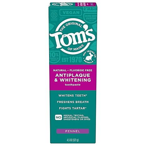 Tom’s of Maine Antiplaque and Whitening Toothpaste, Fluoride Free, Fennel, Single, 4.5 Oz