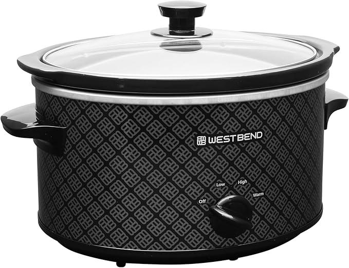West Bend Slow Cooker 4-Quart Manual Crockery Style with Dishwasher Safe Oval Ceramic Crockpot and Glass Lid Two Temperature Settings Plus Keep Warm, 210-Watts, Black