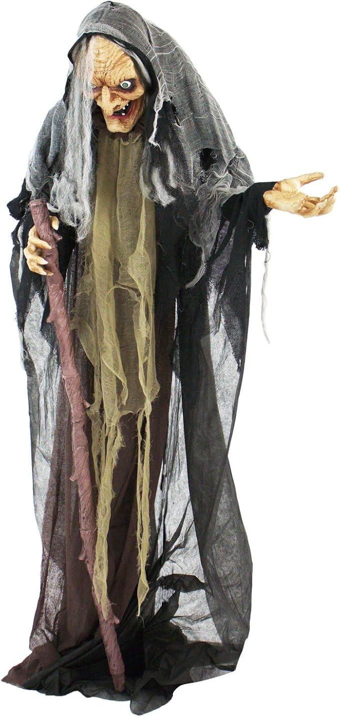 Haunted Hill Farm Life-Size Scary Poseable Talking Witch, Halloween Animatronic with Touch Activated Lights and Sound, Battery Operated Indoor or Covered Outdoor Halloween Decorations, Halloween Prop