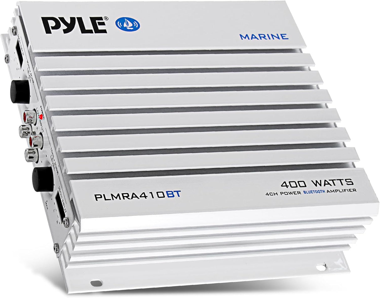 Pyle 2.1 Bluetooth Marine Amplifier Receiver - Waterproof 4 Channel Wireless Bridgeable Audio Amp for Stereo Speaker with 400W Power Dual MOSFET Supply, GAIN Level & LED Indicator, Black - PLMRA410BT