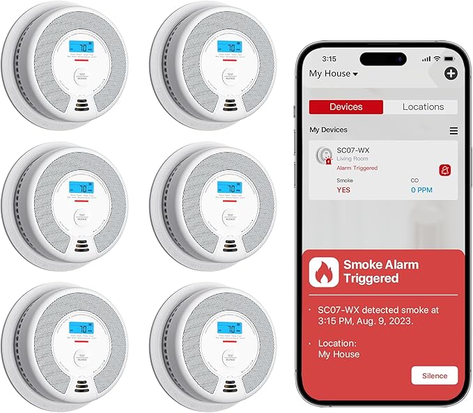 X-Sense Smart Smoke Detector Carbon Monoxide Detector Combo with Replaceable Battery, Wi-Fi Smoke and Carbon Monoxide Detector with Real-Time App Notifications, SC07-WX, 6-Pack