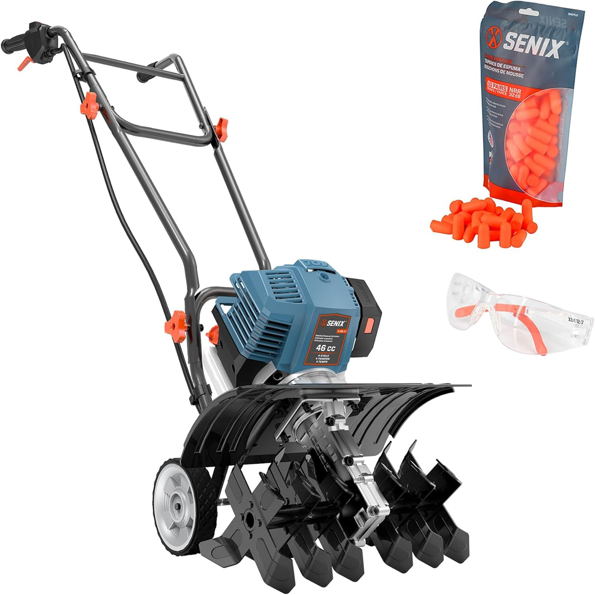 SENIX 4QL 4-Cycle Gas Powered Tiller Cultivator & Stratton Engine+50 Pairs Foam Earplugs Safety Glasses