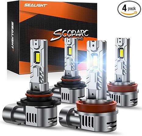 SEALIGHT S2S 9005/HB3 H11/H8/H9/H16 Light Bulbs Combo, 80000LM Super Brighter, 6500K Pure White 9005 H11 Fog Bulbs, 60K+ Hours Lifespan, 2-Pack for Powersports/ATV Lamps