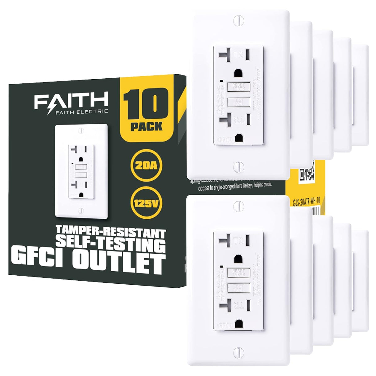 20A GFCI Outlet, ETL Listed, Tamper-Resistant GFI Duplex Receptacle with LED Indicator, Self-Test Ground Fault Circuit Interrupter with Wall Plate, White, 10 Piece