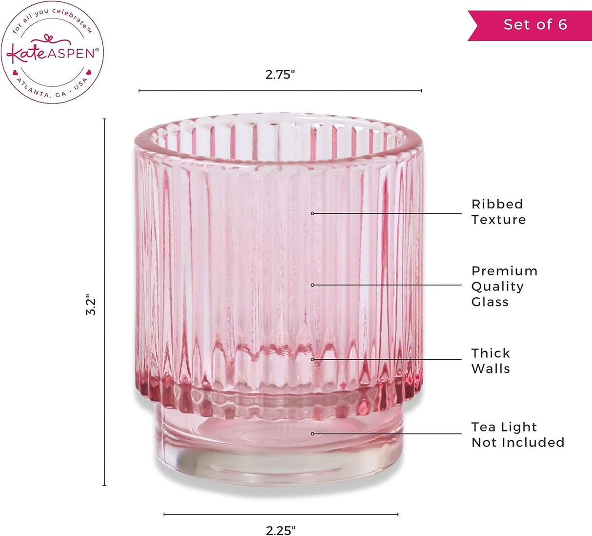 Blush Pink Vintage Ribbed Glass Tealight Votive Candle Holders by Kate Aspen (Set of 6)