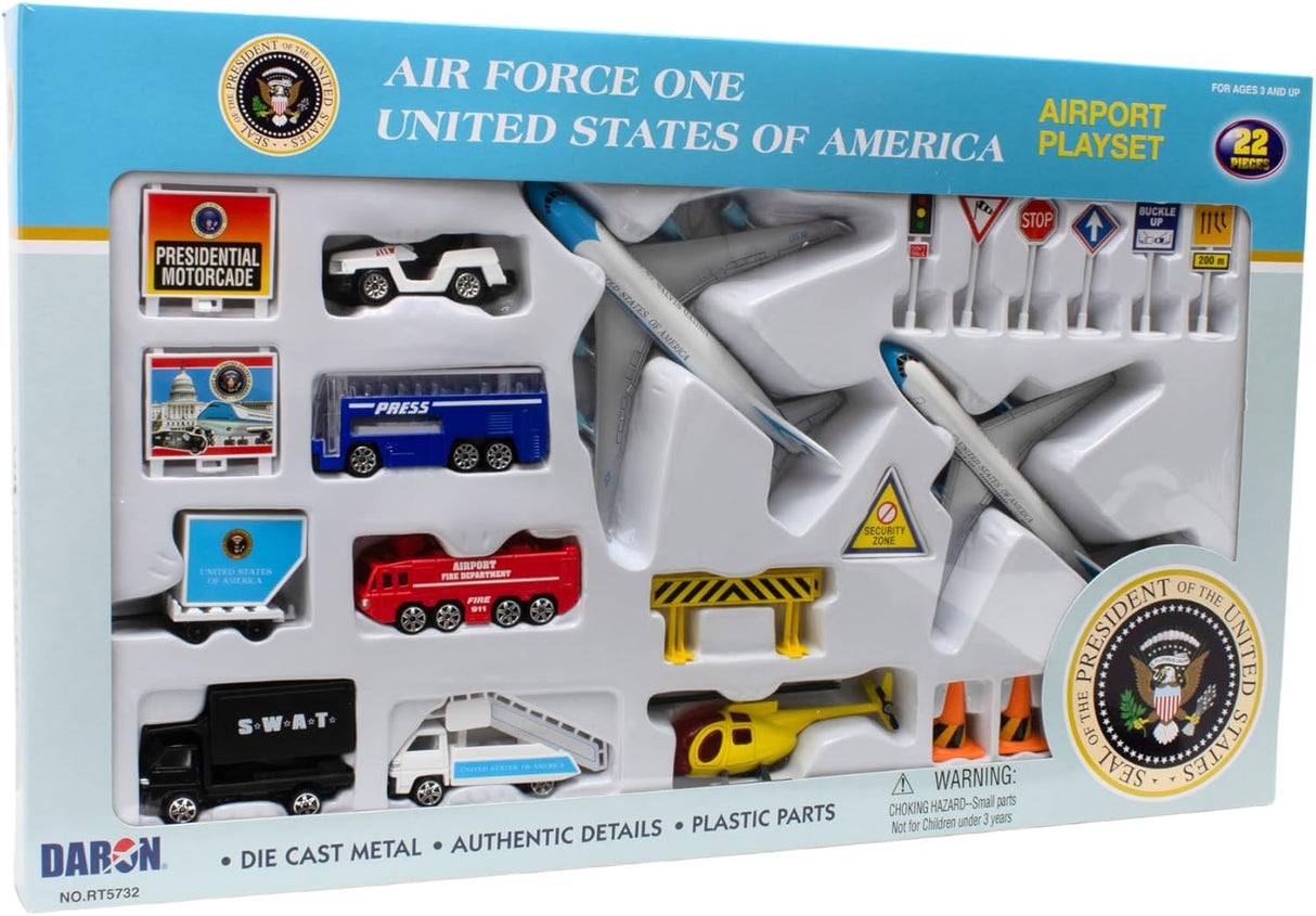 Daron 22-Piece Die-Cast Metal and Plastic Airport Playset Airplanes, Vehicles, and Accessories Playset Toy and Collectible for Children Ages 3+