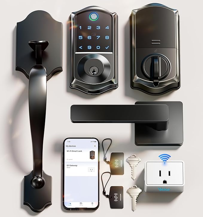 Veise VE017G-H Wi-Fi Smart Fingerprint Front Door Lock Set, Remote App Control, Keyless Entry Deadbolt with Handle, Backlit Keypad, Alexa Compatible, Auto Lock, Easy to Install, Matte Black