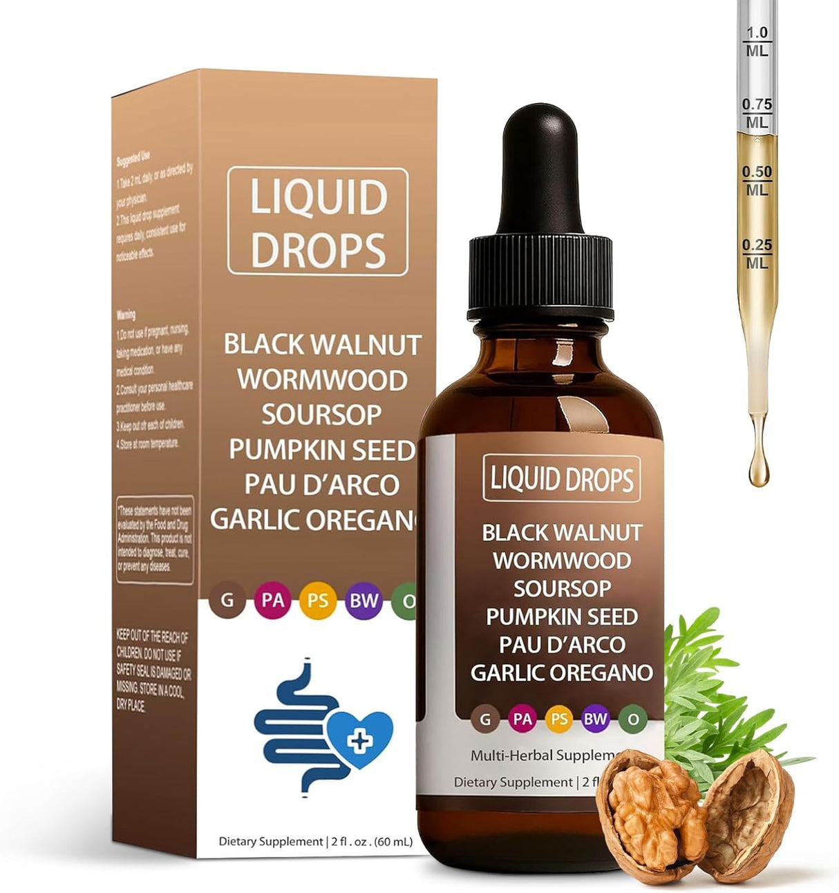 Liquid Drops Black Walnut, Wormwood, Soursop, Pumpkin Seed, Pau D'Arco, Garlic & Oregano - 2 fl. oz.