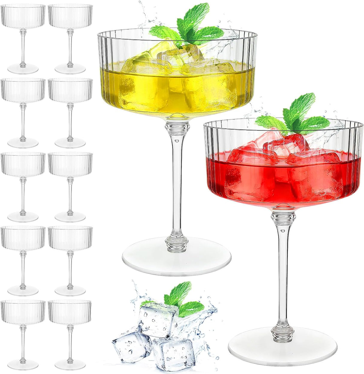 12 Pcs Ribbed Martini Glasses 10oz Shatterproof Plastic Champagne Tower Detachable Stem Cocktail Glassware Set for Wedding Birthday Party Bar Desserts and Snacks