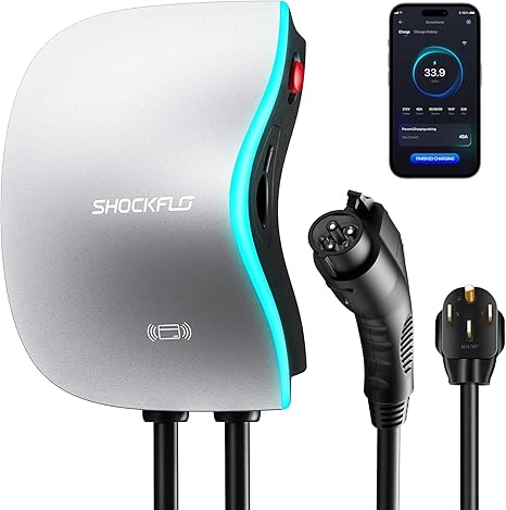Shockflo S1 Level 2 EV Charger (40A), NEMA 14-50 Plug or Hardwired EV Chargers for Home Level 2, UL/Engery Wi-Fi and Bluetooth Enabled EVSE Indoor/Outdoor EV Charger Use with 17ft Cable and RFID Card