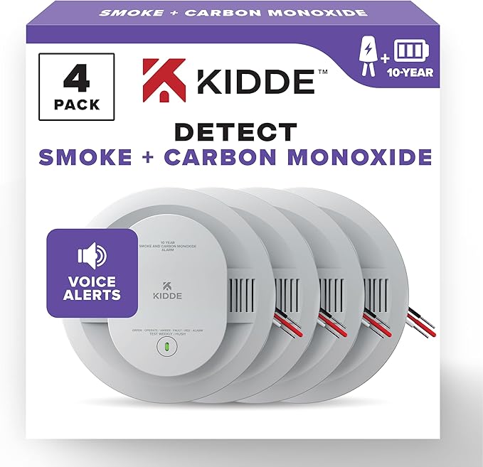 Kidde Hardwired Smoke & Carbon Monoxide Detector, 10-Year Battery Backup, Voice Alerts, Interconnectable LED Warning Light Indicators, 4 Pack