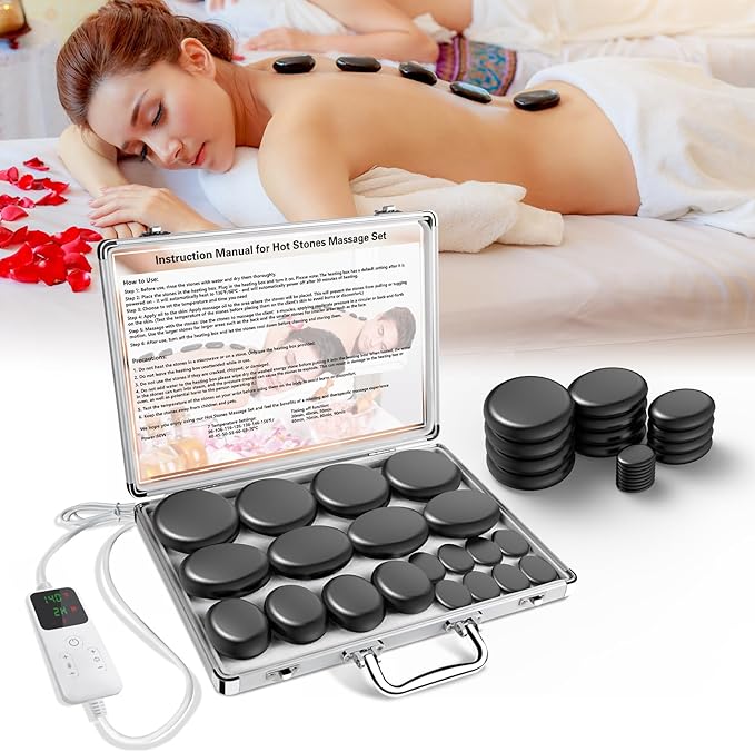 AICNLY Hot Stones Massage Set with Temperature Adjustment-20 Pcs Basalt Hot Stones with Heater Kit