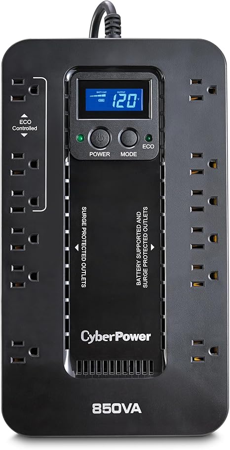 CyberPower EC850LCD Ecologic UPS Battery Backup and Surge Protector, 850VA/510W, 12 Outlets, ECO Mode, Compact, UL Certified