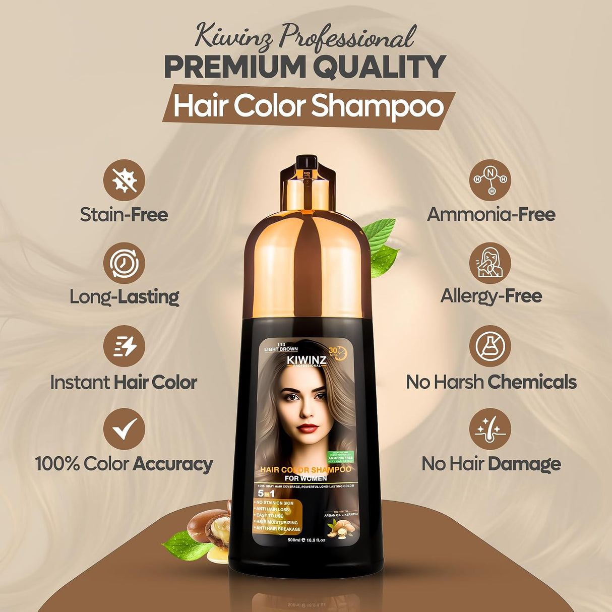 Kiwinz Hair Color Shampoo – 5 in 1 Hair Dye Shampoo for Grey Hair - Instant Hair Dye with 100% Color Accuracy Enriched with Natural Ingredients (113 Light Brown)