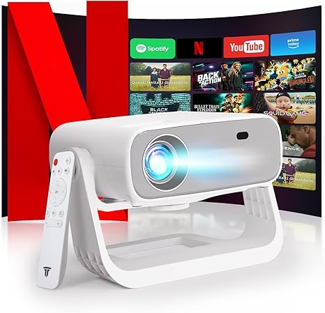 Smart Projector with WiFi 6 and Bluetooth Built-in Apps - 4K Support Portable Mini Projector Native 1080P , 2025 New Auto Keystone & Zoom Home Theater Cinema Movie Proyector, 120° Stand, Grey