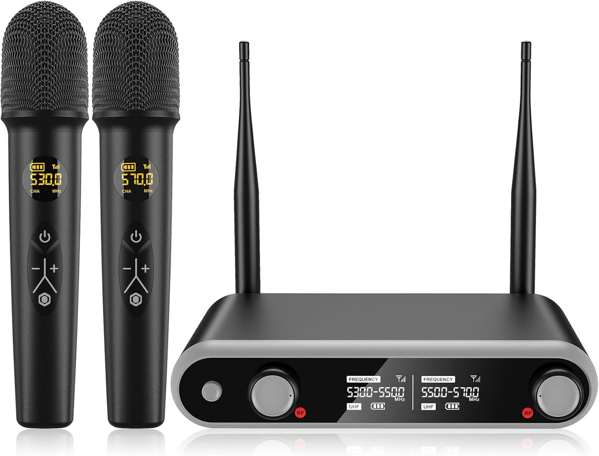 Wireless Microphone System Karaoke Machine - Rechargeable Handheld Dynamic Microphones, Dual Wireless Mics, Adjustable UHF Channels, Auto Scan, 330ft Range, Microphone for Karaoke