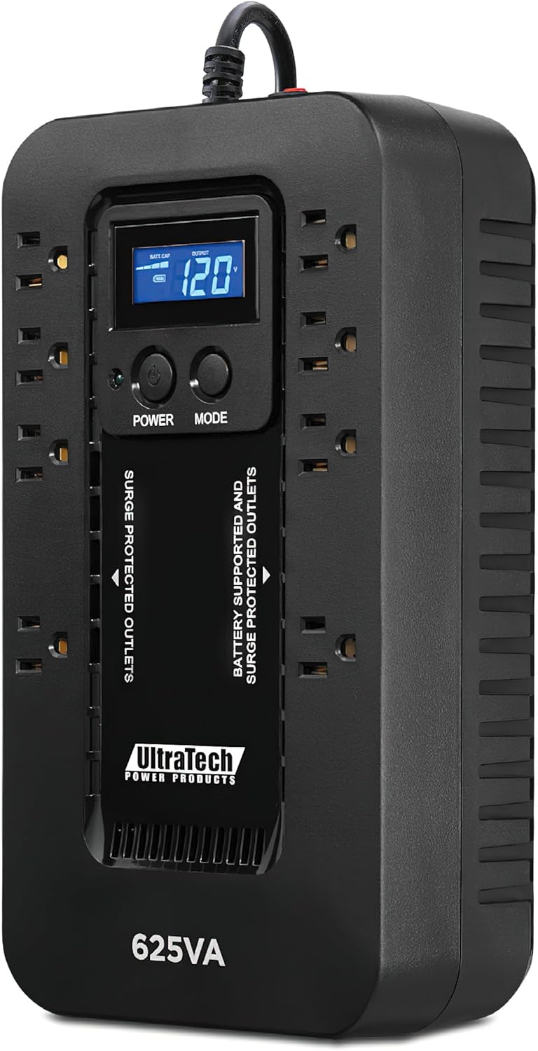 UltraTech 0E-625V8LCD2 UPS, 650VA/390W, 8 Outlets (4 with Battery Backup), 2 Transformer Sized Outlets (1 with Battery Backup), LCD Display, 120VAC, Black, Compact