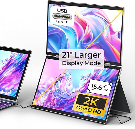 YUBWVO Portable Dual Monitors, 15.6” 2K Dual Screen Monitor for Laptop(Win/Linux), Built-in Protective Cover/Stand, 360°Rotation and USB-C Triple Screen Laptop Monitor Extender, Plug & Play