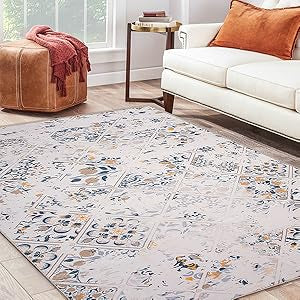 Washable Bohemian 6x9 Area Rug, Suitable for Bathroom for Bedroom Living Room Kitchen Outdoor The Boho Printed Area Rugs, Non-Slip Backing Pink/Grey