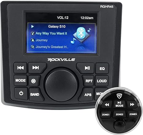 Rockville RGHR45 72W x 4 Marine Gauge Hole Receiver, Bluetooth, 4-Zone Volume Control, IP66 Waterproof, Wired Remote, USB/AM/FM, Perfect for Boats and Powersports
