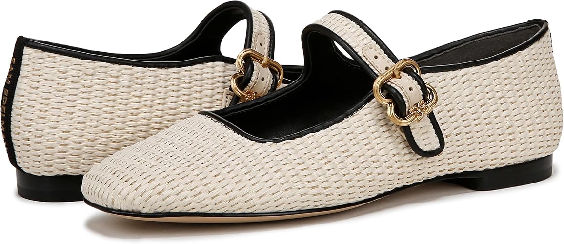 (US-7.5) Sam Edelman Women's Michaela Stud Mary Jane Flat-linen Raffia