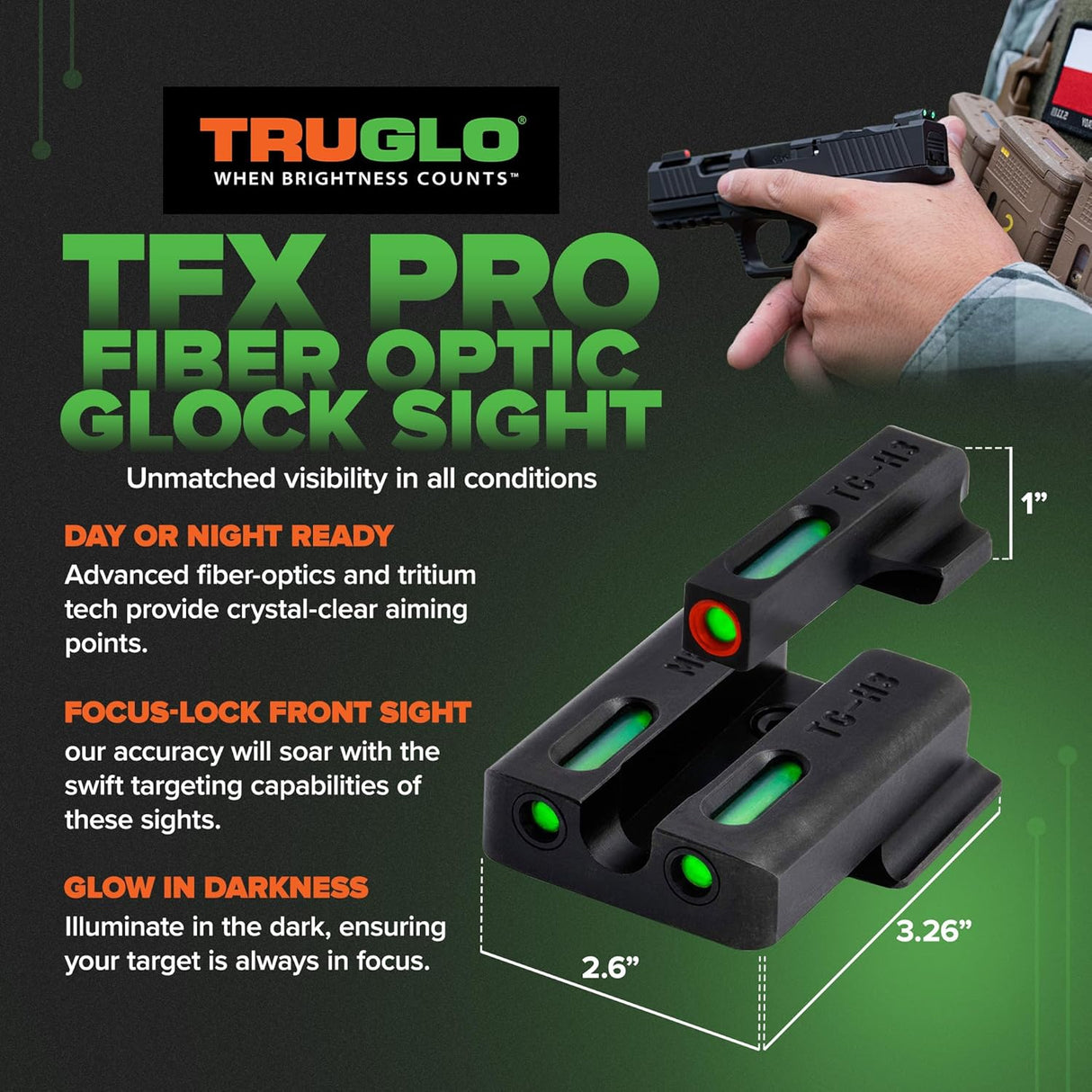 Truglo TFX PRO Handgun Sight, Glowing Shock Proof Tritium and Fiber Optic Night Sight for Handguns, Compact, Durable, and Snag Free Sight