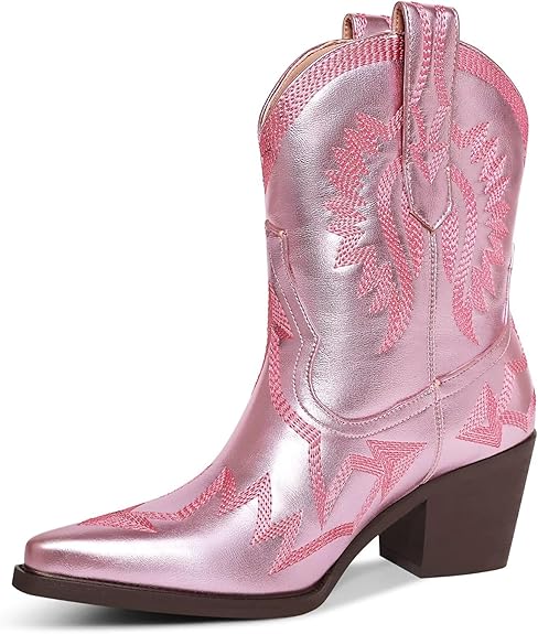 HOCHFART Western Boots for Women Metallic Embroidered Pointed Toe Cowgirl Boots Chunky Heel Pull-On Short Cowboy Boots Wide Calf Country Ankle Boots Size: 7