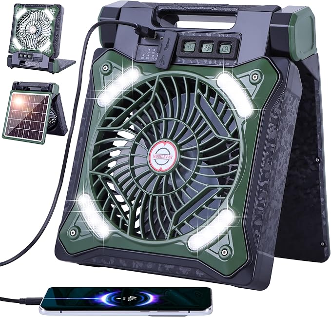 Solar Fan Battery Powered Rechargeable Solar Camping Fan with Led Lantern & Power Bank Foldable Angle USB Personal Fans for Travel Outdoor Camping Tents X98 Black