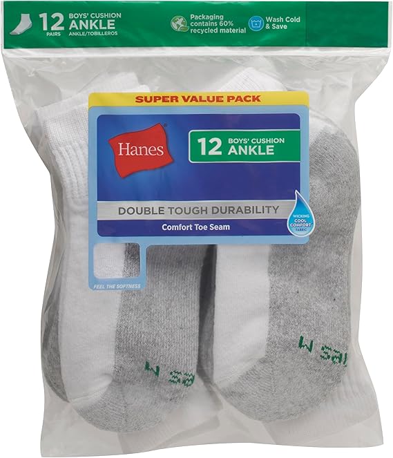 Pack of 12- Ankle Socks- Hanes- Large- Shoe Sizes 3-9