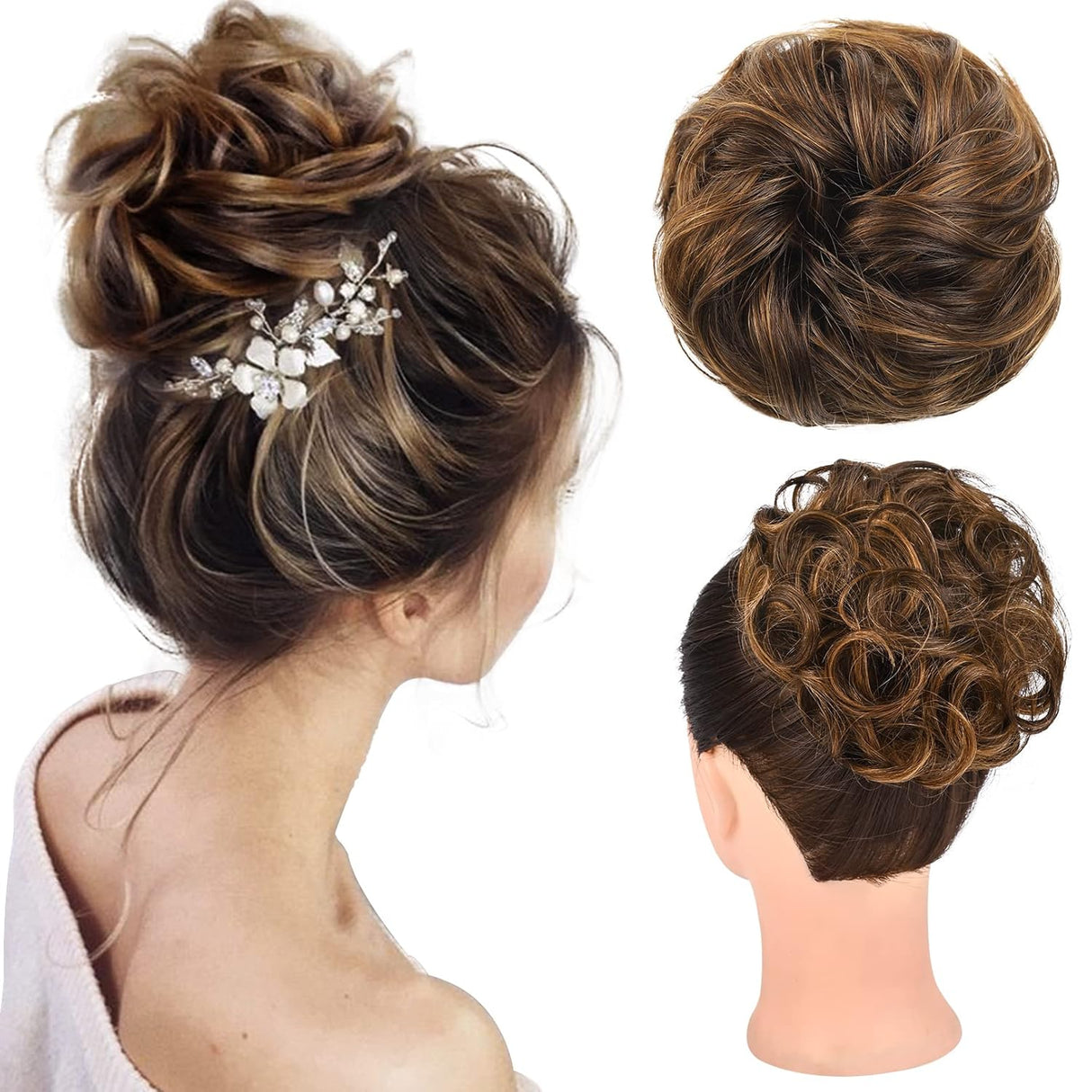 FLUFYMOOZ Messy Bun Hair Piece, 100% Real Human Hair with Elastic Band(Medium Brown with Golden Blonde Highlights)