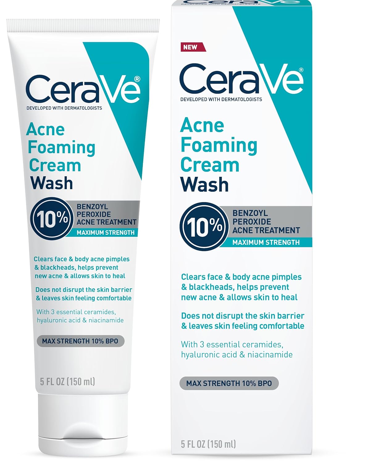 CeraVe Acne Foaming Cream Wash 10% Benzoyl Peroxide Treatment 5 Oz