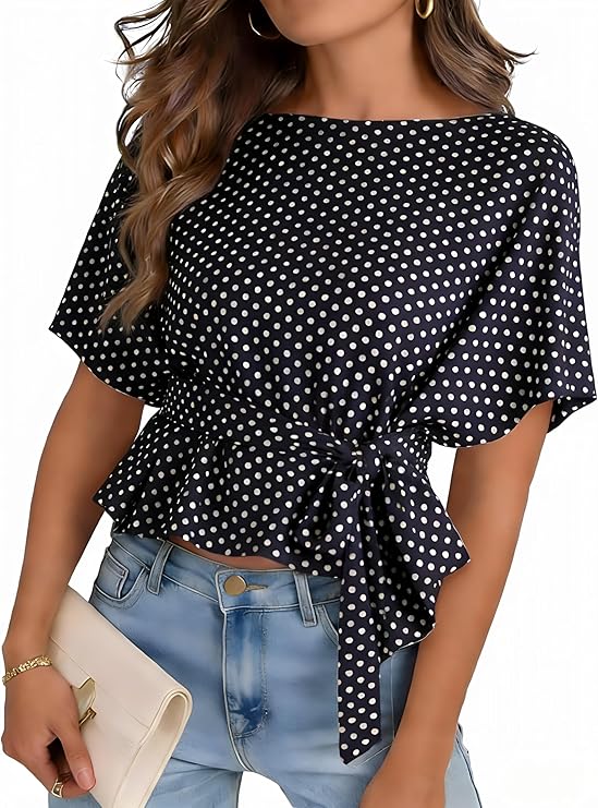 Women's Summer Tie Front Blouses 2026 Crew Neck Batwing Short Sleeve Basic Tops Shirts MED