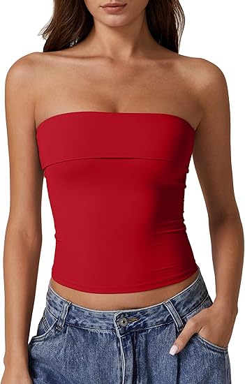 QINSEN Women's Tube Tops Strapless Bandeau Tops Double Lined Slim Fit Summer Going Out Tank Tops Size S