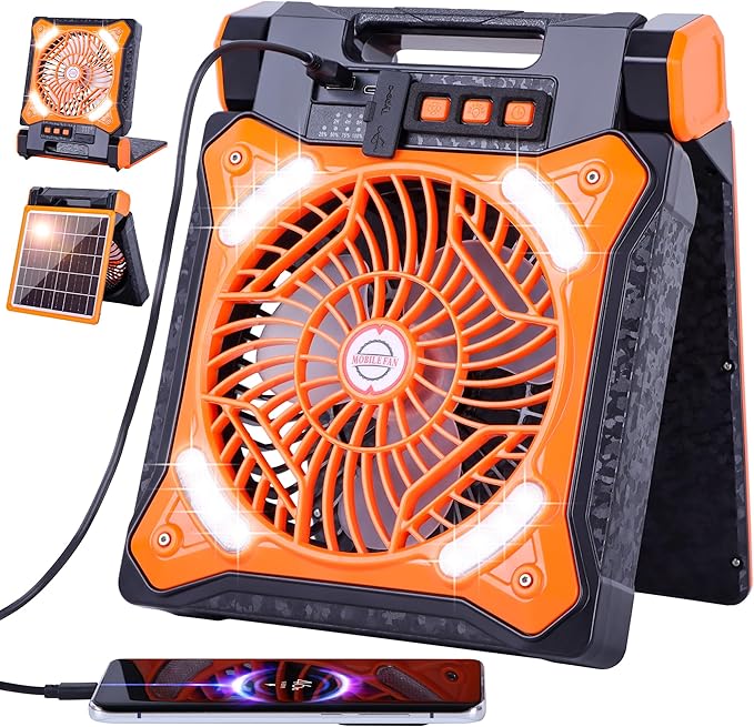 Solar Fan Battery Powered Rechargeable Solar Camping Fan with Led Lantern & Power Bank Foldable Angle USB Personal Fans for Travel Outdoor Camping Tents X98 Black