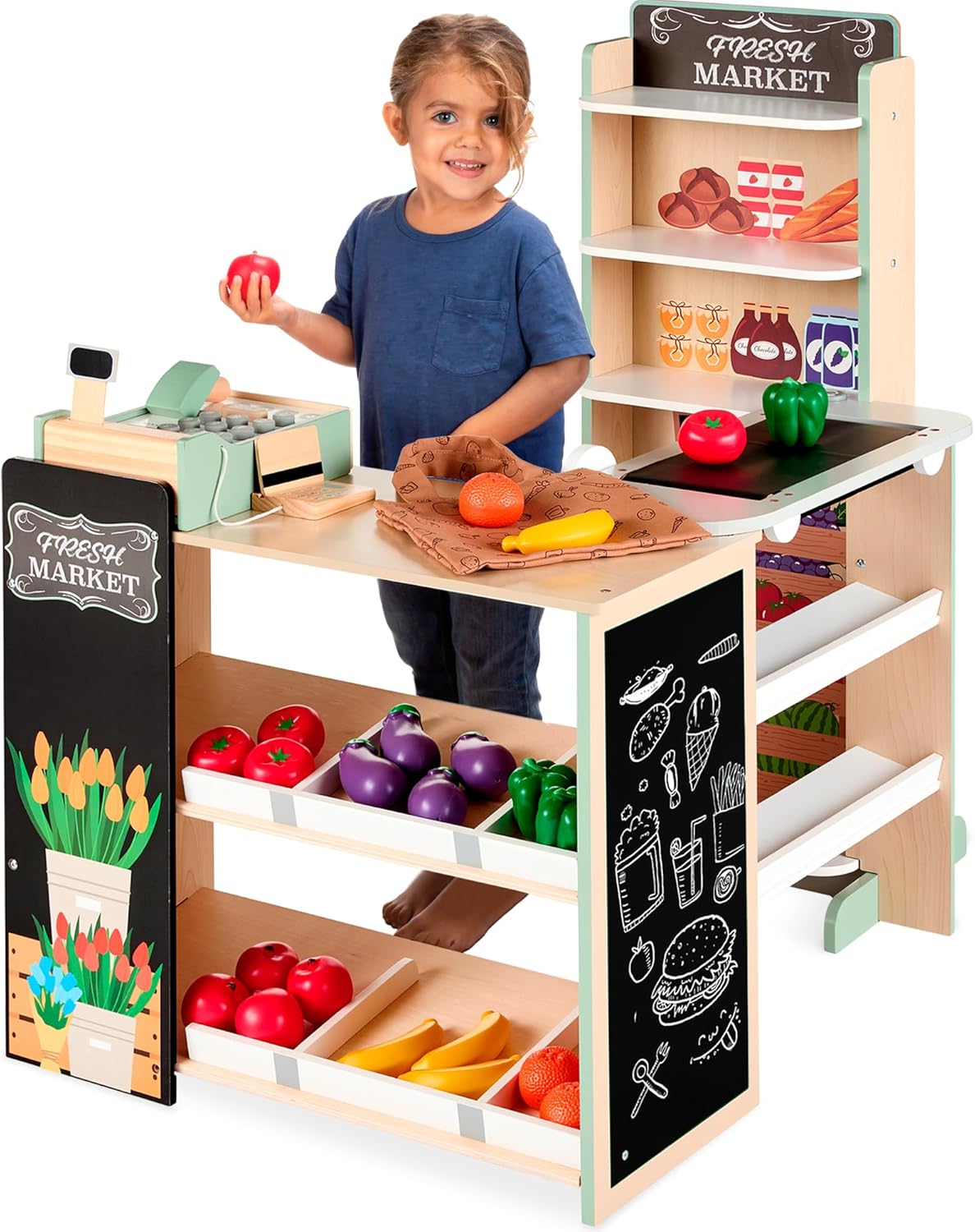 Best Choice Products Pretend Play Grocery Store Wooden Supermarket Toy Set -Natural