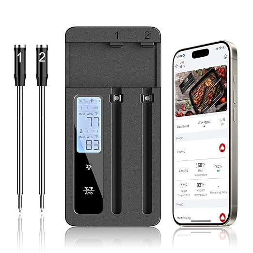 Smart Wireless Meat Thermometer with Dual Probes - Premium Bluetooth Cooking Thermometer for Perfect Barbecue, Smoke, Oven Bake and Air Frying, Remote Monitoring and Smart Alert