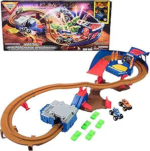 Monster Jam, Supercharge Speedway Playset, Megalodon and El Toro Loco Die-Cast Monster Trucks, Light Up World Finals Track