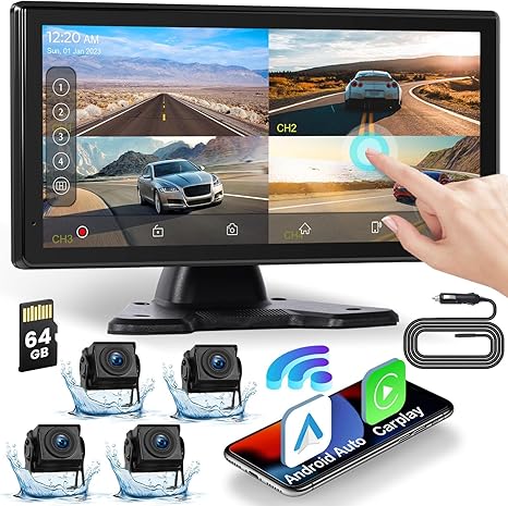 Inefala 4K RV Backup Camera System Wireless CarPlay Android Auto, 10.36" Quad Split Touch Screen Monitor with 4 AHD Rear View Camera, IP68, Night Vision, DVR Loop Recording