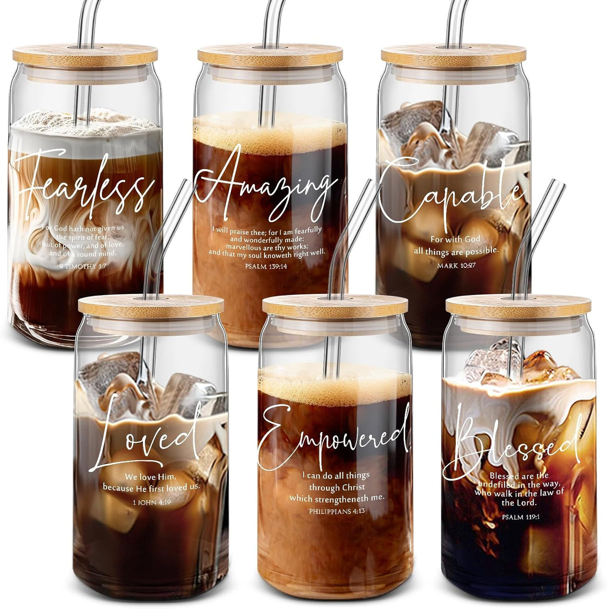 6 Pcs Christian Easter Gifts Bulk 16 oz Bible Verse Glass Cups with Bamboo Lids and Straw Christian Mothers Day Church Gifts Bible Verse Religious Coffee Cup for Women Men Clergy